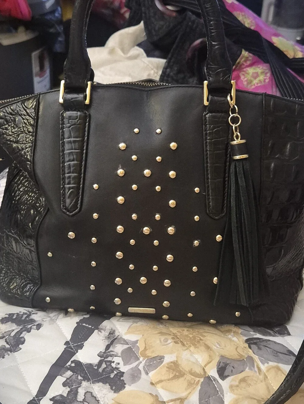 Brahmin Duxbury Nara Satchel Black With Gold Studs